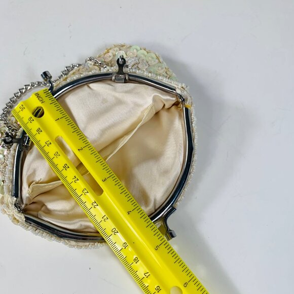 Flapper Beaded Sequined Evening Bag Kiss Clasp VTG Purse Silver Chain Strap - Picture 12 of 12